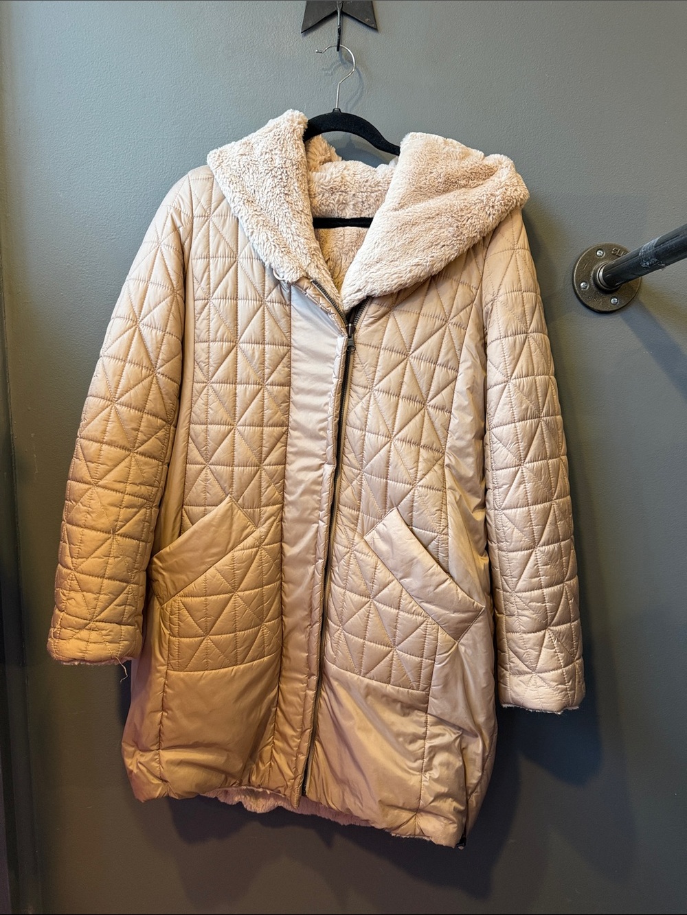 Quilted Faux-Shearling Hooded Coat - Cream. Reversible.